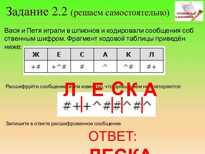 Задание 2.2 (решаем самостоятельно) Вася и Петя иг­ра­ли в шпи­о­нов и ко­ди­ро­ва­ли