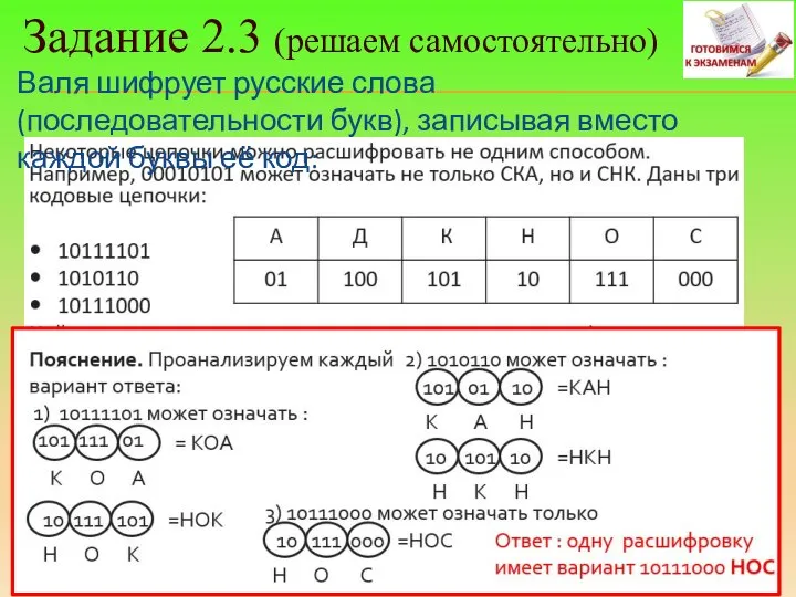 Задание 2.3 (решаем самостоятельно) Валя шифрует русские слова (последовательности букв), записывая вместо каждой буквы её код: