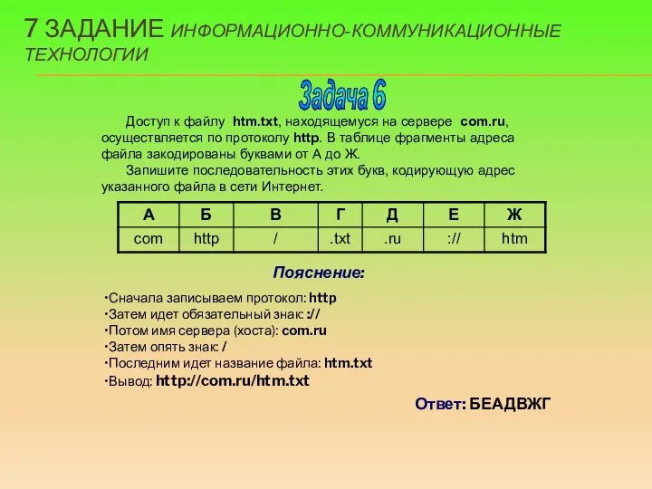 Задача 6 Пояснение: Доступ к файлу htm.txt, находящемуся на сервере com.ru, осуществляется