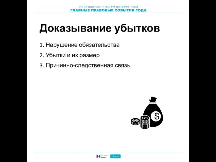 1. Нарушение обязательства 2. Убытки и их размер 3. Причинно-следственная связь Доказывание убытков