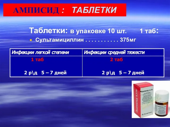 Таблетки: в упаковке 10 шт. 1 таб: Сультамициллин . . . .