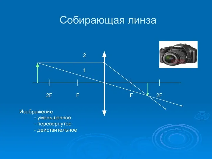 Собирающая линза F 2F F 2F 1 2 Изображение - уменьшенное - перевернутое - действительное