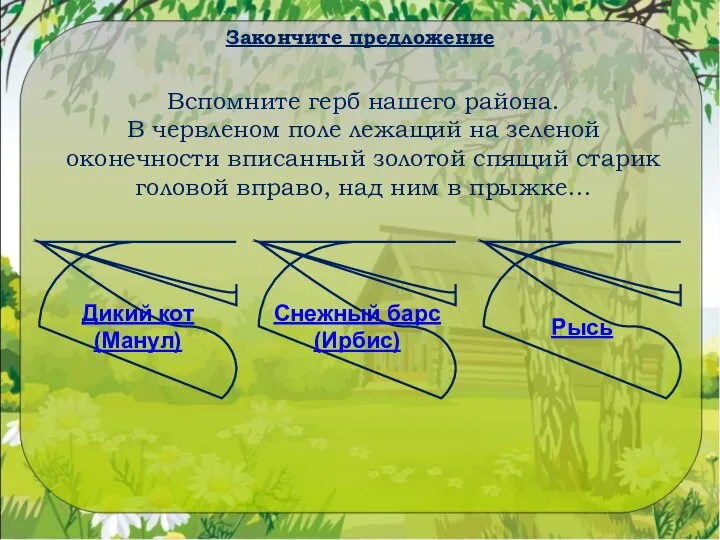 Закончите предложение Вспомните герб нашего района. В червленом поле лежащий на зеленой