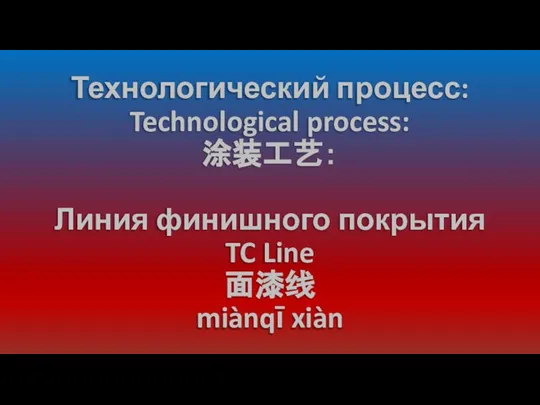 Технологический процесс: Technological process: 涂装工艺： Линия финишного покрытия TC Line 面漆线 miànqī xiàn