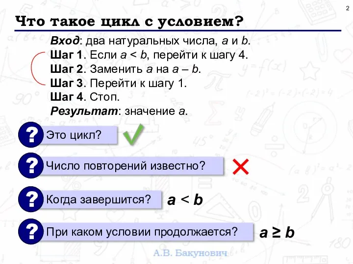 Что такое цикл с условием? Вход: два натуральных числа, a и b.