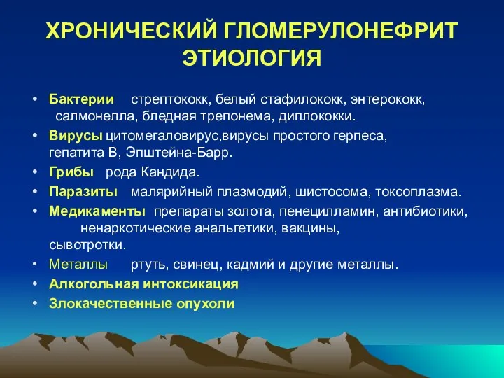 ХРОНИЧЕСКИЙ ГЛОМЕРУЛОНЕФРИТ ЭТИОЛОГИЯ Бактерии стрептококк, белый стафилококк, энтерококк, салмонелла, бледная трепонема, диплококки.