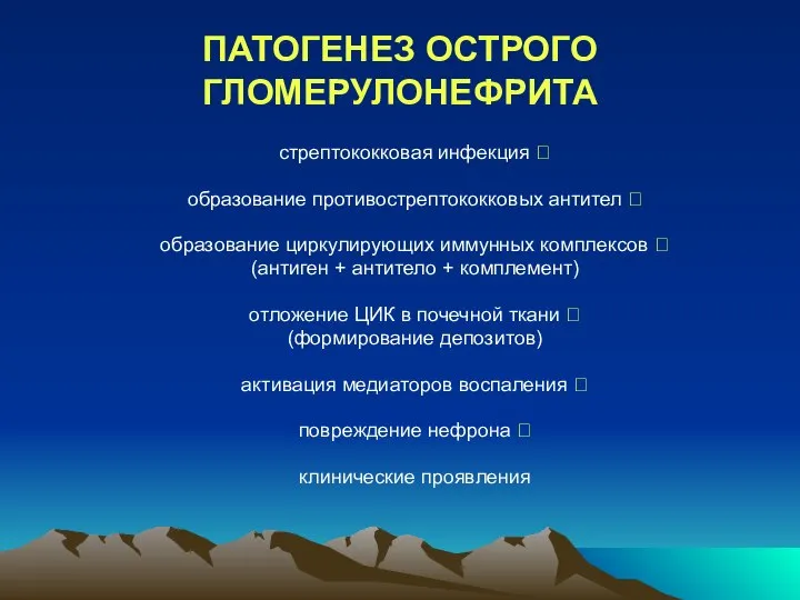 ПАТОГЕНЕЗ ОСТРОГО ГЛОМЕРУЛОНЕФРИТА стрептококковая инфекция ? образование противострептококковых антител ? образование циркулирующих