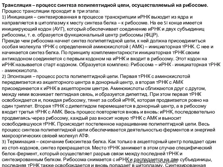 Трансляция – процесс синтеза полипептидной цепи, осуществляемый на рибосоме. Процесс трансляции проходит