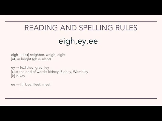 READING AND SPELLING RULES eigh → [eɪ] neighbor, weigh, eight [aɪ] in