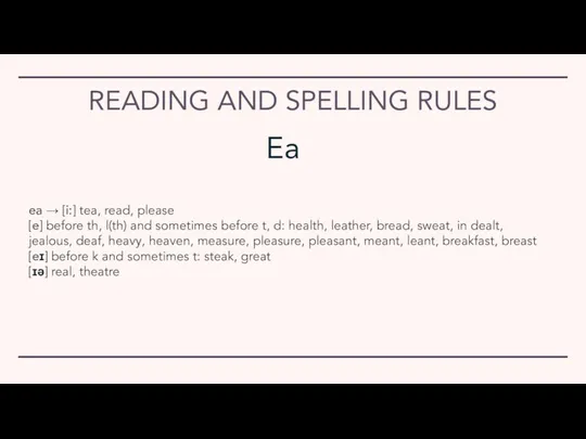 READING AND SPELLING RULES ea → [i:] tea, read, please [e] before