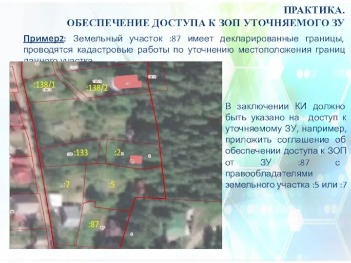 ПРАКТИКА. ОБЕСПЕЧЕНИЕ ДОСТУПА К ЗОП УТОЧНЯЕМОГО ЗУ Пример2: Земельный участок :87 имеет