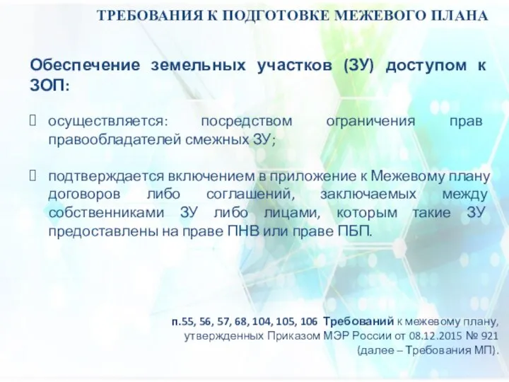 ТРЕБОВАНИЯ К ПОДГОТОВКЕ МЕЖЕВОГО ПЛАНА Обеспечение земельных участков (ЗУ) доступом к ЗОП: