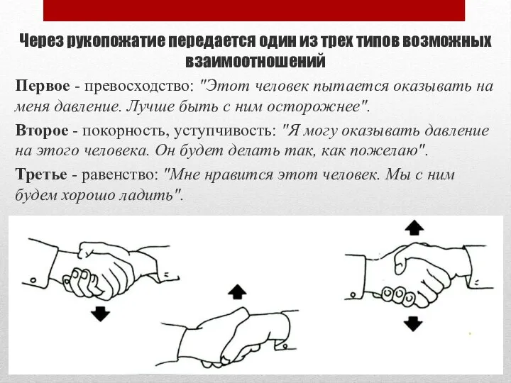 Через рукопожатие передается один из трех типов возможных взаимоотношений Первое - превосходство: