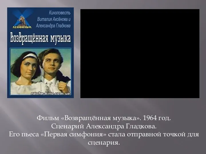 Фильм «Возвращённая музыка». 1964 год. Сценарий Александра Гладкова. Его пьеса «Первая симфония»