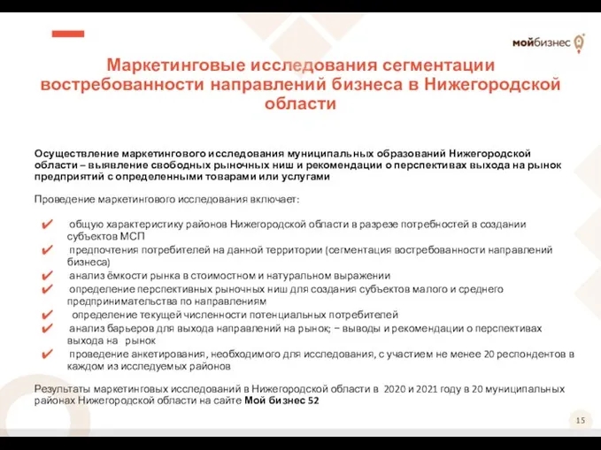 Маркетинговые исследования сегментации востребованности направлений бизнеса в Нижегородской области Осуществление маркетингового исследования