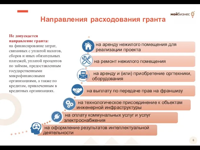 Направления расходования гранта 6 Не допускается направление гранта: на финансирование затрат, связанных