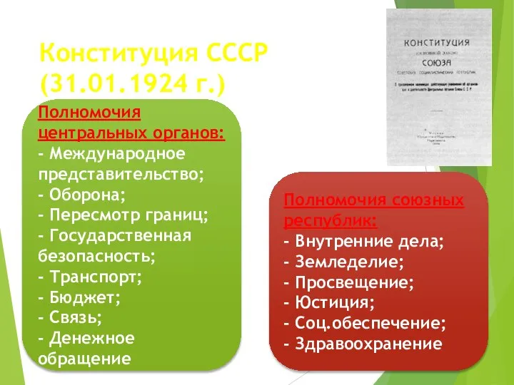 Конституция СССР (31.01.1924 г.) Полномочия центральных органов: - Международное представительство; - Оборона;