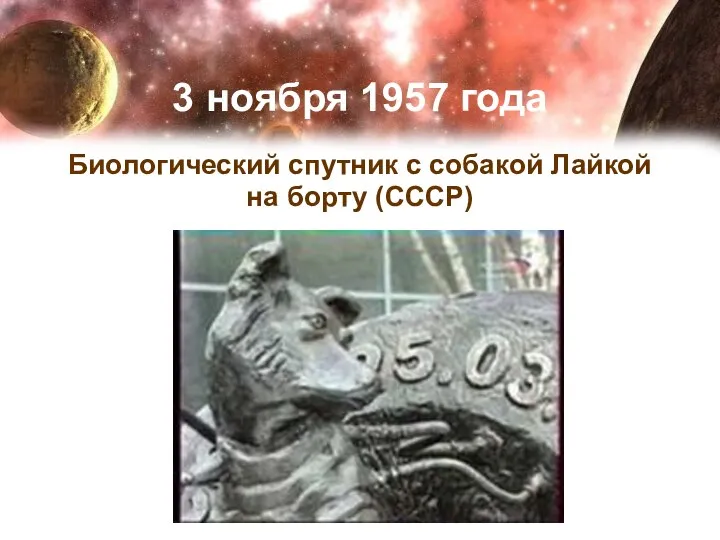 3 ноября 1957 года Биологический спутник с собакой Лайкой на борту (СССР)