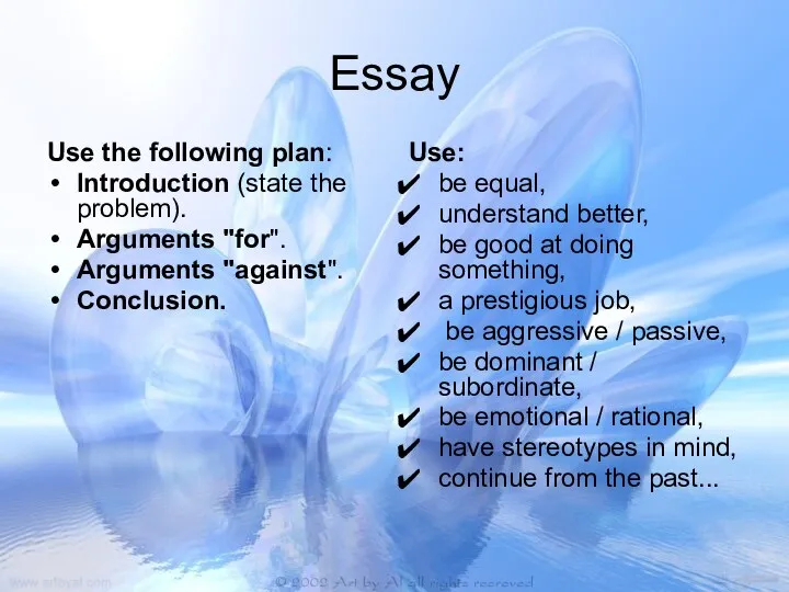 Essay Use the following plan: Introduction (state the problem). Arguments "for". Arguments