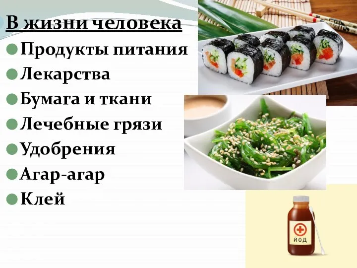 В жизни человека Продукты питания Лекарства Бумага и ткани Лечебные грязи Удобрения Агар-агар Клей