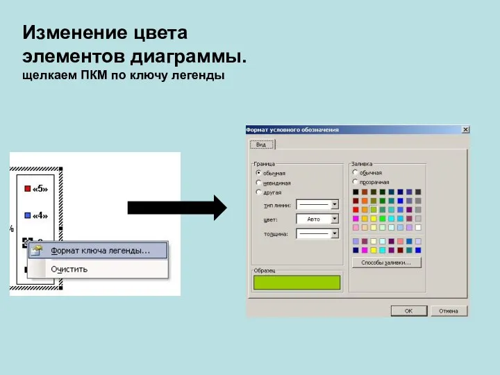 Изменение цвета элементов диаграммы. щелкаем ПКМ по ключу легенды