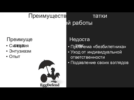 Преимущества и недостатки групповой работы Преимущества: Синергия Энтузиазм Опыт Недостатки: Проблема «безбилетника»