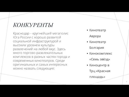 КОНКУРЕНТЫ Краснодар – крупнейший мегаполис Юга России с хорошо развитой социальной инфраструктурой