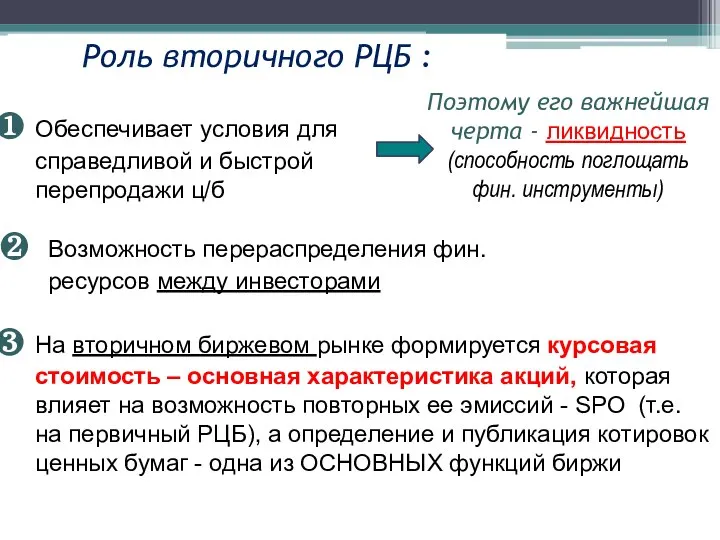 Обеспечивает условия для справедливой и быстрой перепродажи ц/б Роль вторичного РЦБ :