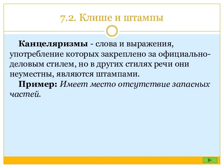 7.2. Клише и штампы Канцеляризмы - слова и выражения, употребление которых закреплено