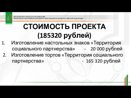 СТОИМОСТЬ ПРОЕКТА (185320 рублей) Изготовление настольных знаков «Территория социального партнерства» - 20