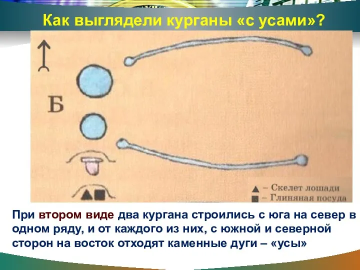 При втором виде два кургана строились с юга на север в одном