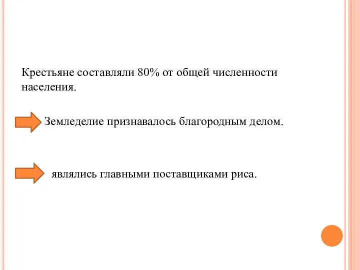 Крестьяне составляли 80% от общей численности населения. Земледелие признавалось благородным делом. являлись главными поставщиками риса.