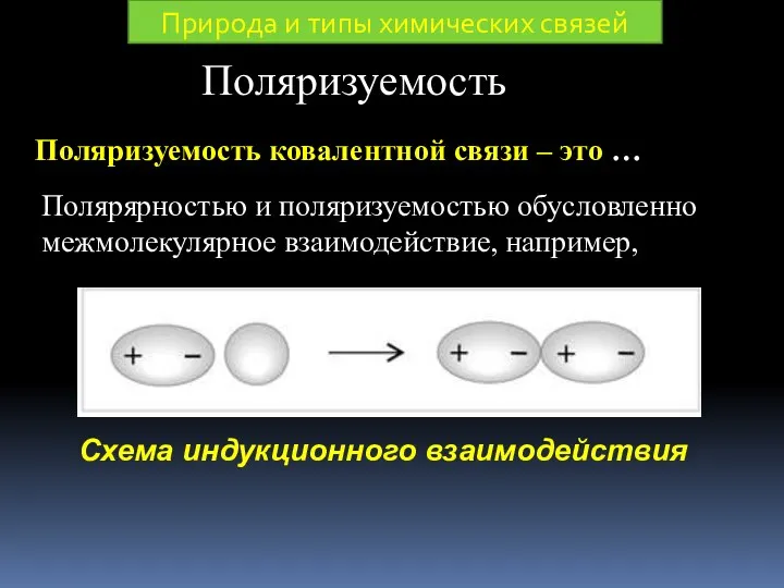 Поляризуемость Поляризуемость ковалентной связи – это … Полярярностью и поляризуемостью обусловленно межмолекулярное