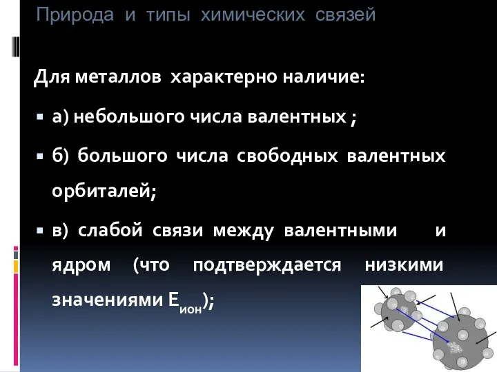 Природа и типы химических связей Для металлов характерно наличие: а) небольшого числа