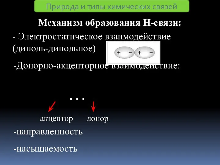 Механизм образования Н-связи: - Электростатическое взаимодействие (диполь-дипольное) -Донорно-акцепторное взаимодействие: -направленность -насыщаемость Природа и типы химических связей