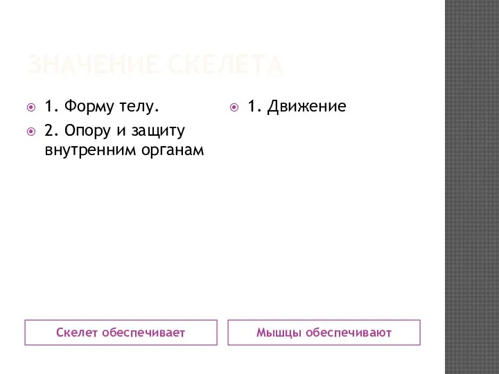 ЗНАЧЕНИЕ СКЕЛЕТА Скелет обеспечивает Мышцы обеспечивают 1. Форму телу. 2. Опору и