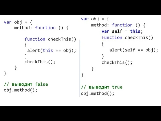 var obj = { method: function () { function checkThis() { alert(this