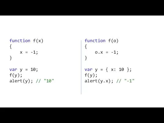 function f(x) { x = -1; } var y = 10; f(y);