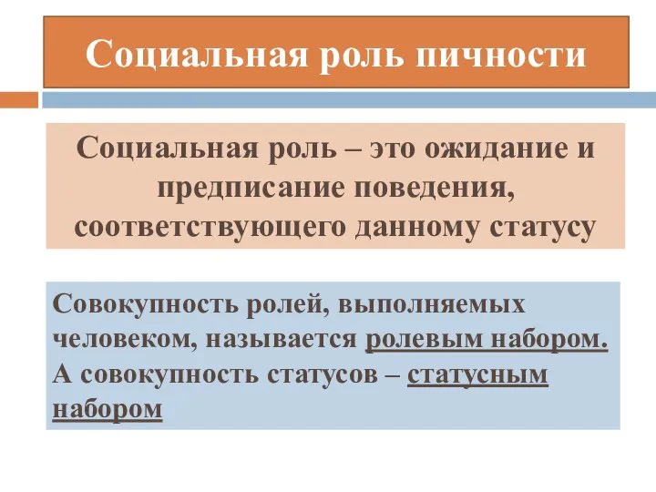 Социальная роль пичности Социальная роль – это ожидание и предписание поведения, соответствующего