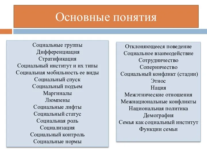 Основные понятия Социальные группы Дифференциация Стратификация Социальный институт и их типы Социальная