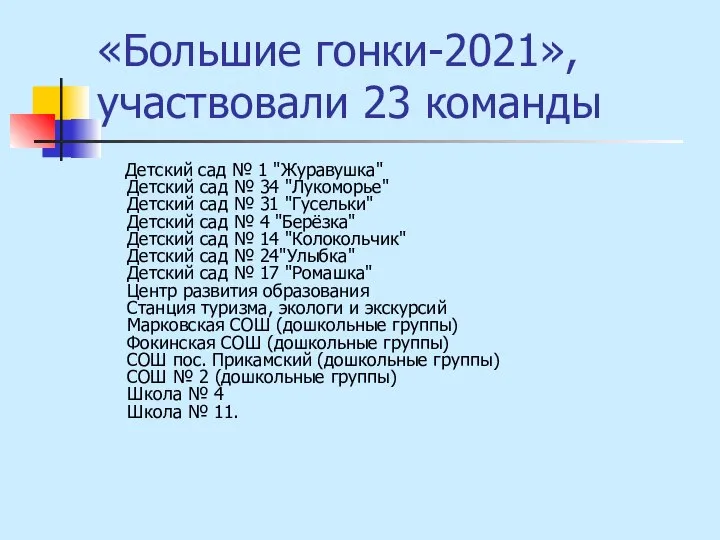 «Большие гонки-2021», участвовали 23 команды Детский сад № 1 "Журавушка" Детский сад