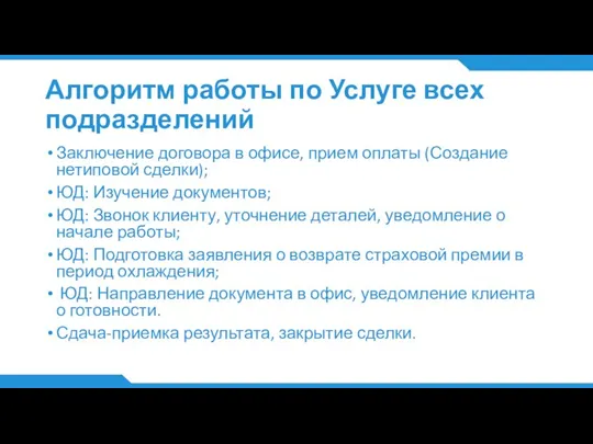 Алгоритм работы по Услуге всех подразделений Заключение договора в офисе, прием оплаты