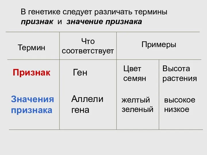 Признак Значения признака Ген Аллели гена В генетике следует различать термины признак