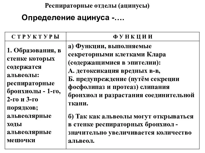 Респираторные отделы (ацинусы) Определение ацинуса -….