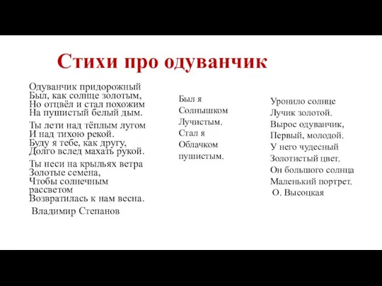 Стихи про одуванчик Одуванчик придорожный Был, как солнце золотым, Но отцвёл и