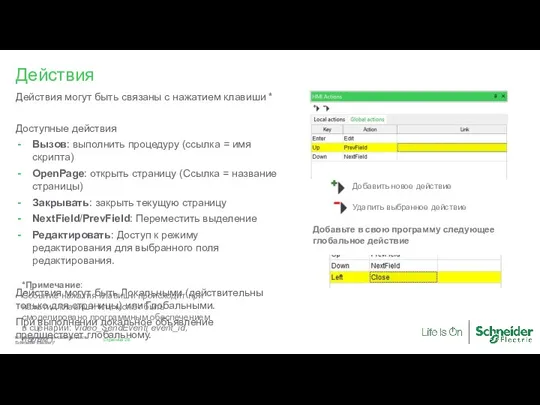 Доступные действия Вызов: выполнить процедуру (ссылка = имя скрипта) OpenPage: открыть страницу