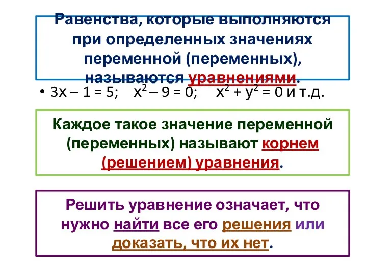 Равенства, которые выполняются при определенных значениях переменной (переменных), называются уравнениями. 3х –