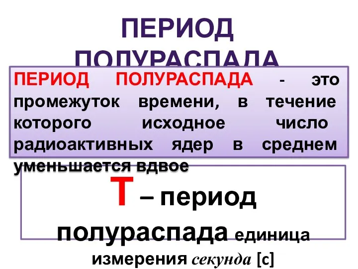 ПЕРИОД ПОЛУРАСПАДА Т – период полураспада единица измерения секунда [c] ПЕРИОД ПОЛУРАСПАДА