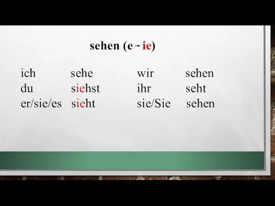 sehen (e ie) ich sehe du siehst er/sie/es sieht wir sehen ihr seht sie/Sie sehen