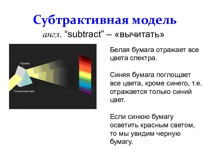 Субтрактивная модель англ. “subtract” – «вычитать» Белая бумага отражает все цвета спектра.
